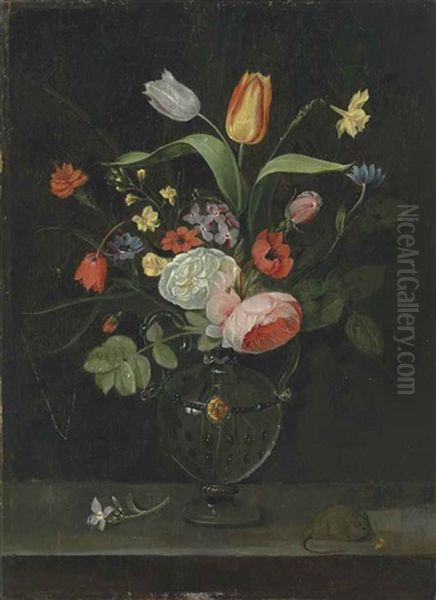 Roses, Tulips, A Daffodil And Other Flowers In A Glass Vase, On A Stone Ledge With A Mouse - view 1