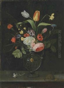 Roses, Tulips, A Daffodil And Other Flowers In A Glass Vase, On A Stone Ledge With A Mouse