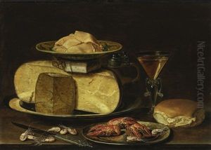 Slices Of Butter On A Wanli 'kraak' Porcelain Dish, A Stack Of Cheese On A Pewter Plate, With A Jug, A Facon-de-venise Wineglass, A Bun, Crayfish On A Pewter Plate, A Knife And Shrimp On A Table