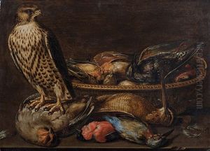 Faucon Crecerelle Sur Une Nature Morte Aux Perdreau Gris, Becasse, Martin-pecheur, Bouvreuil Et Dans Le Panier: Sansonnet, Rouge-gorge Et Passereau
