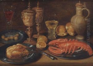 A Roasted Chicken, Lobster, Olives, Lemons, Bread, Goblets And A Caraffe, All On A Wooden Ledge