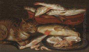 A Cat Sitting By A Bowl Of Fish And A Silver Plate With Two Oysters, A Lobster And Shrimps
