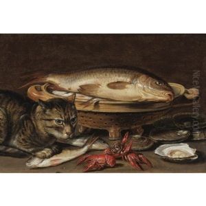 A Still Life With Fish In A Ceramic Collander, Oysters, Langoustines, Mackerel And A Cat On The Ledge Beneath