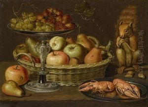 Fruchtestilleben Auf Einer Tischplatte Mit Einem Eichhornchen, Trauben Auf Einem Silbertazza, Birnen Und Apfel In Einem Weidenkorb, Langusten Auf Einem Silberteller