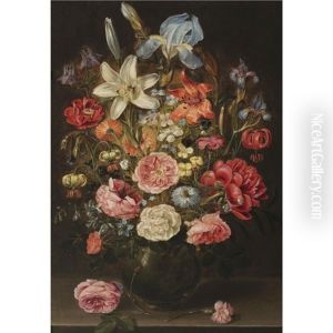 A Still Life Of Lilies, Roses, Iris, Pansies, Columbine, Love-in-a-mist, Larkspur And Other Flowers In A Glass Vase On A Table Top, Flanked By A Rose And A Carnation