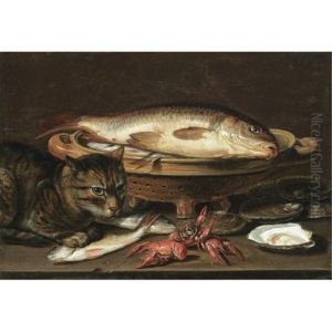 A Still Life With Fish In A Ceramic Colander, Oysters, Langoustines, Mackerel And A Cat On The Ledge Beneath
