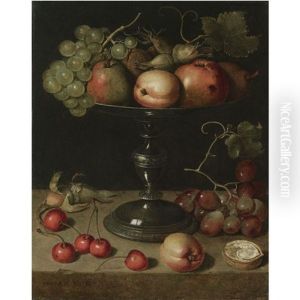 Still Life With Pears, An Apple, An Apricot, Almonds And Walnuts On A Tazza With Grapes, A Walnut, An Apricot, Cherries And Almonds On A Stone Ledge