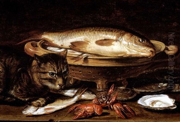 A Cat And Two Mackerel With A Sea Bream In A Colander, Crayfish And Oysters On A Ledge - view 1