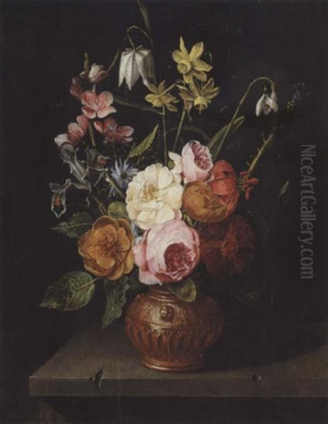 A Still Life Of Roses, Lilies, Irises, Narcissi And Snake-head Fritillaries, In An Urn, Upon A Stone Ledge - view 1