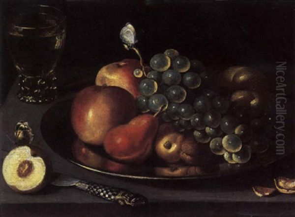 Apples, Pears, Peaches And White Grapes On A Plate With A Roemer Of White Wine, A Sliced Peach, A Knife And A Nut On A Ledge With Two Butterflies - view 1