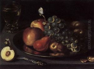 Apples, Pears, Peaches And White Grapes On A Plate With A Roemer Of White Wine, A Sliced Peach, A Knife And A Nut On A Ledge With Two Butterflies