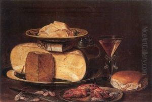 Slices Of Butter On A Porselein Plate, On A Cheesestack On A Pewter Plate, With A Jug, A Wineglass, A Bun, Crayfish, A Knife And Shrimps