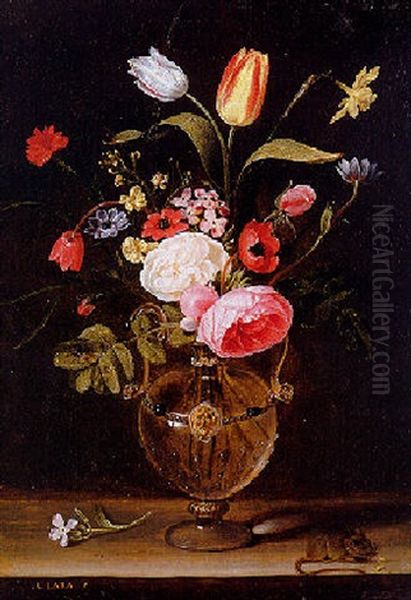 Roses, Tulips And Other Flowers In A Glass Vase With A Mouse On A Stone Ledge - view 1