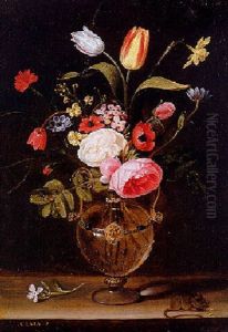 Roses, Tulips And Other Flowers In A Glass Vase With A Mouse On A Stone Ledge