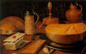 Still Life With Bread, Cards, Two Stoneware Jugs And Other Objects On A Table