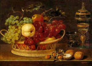 Fruit In A Basket With A Roemer, Glass Cup And Cover, Hazelnuts And Walnuts On A Wooden Ledge