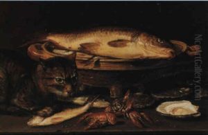 A Still Life Of Fish, Oysters And Crayfish With A Cat