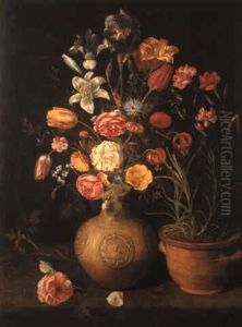 A Still Life Of Roses And Other Flowers In A Vase With Butterflies On A Ledge