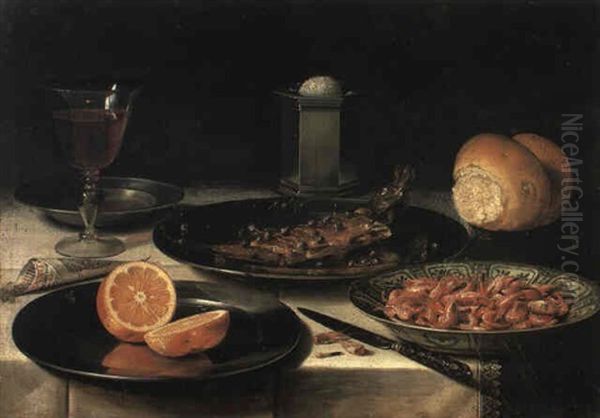 Herring With Capers, Orange On A Plate, Shrimp And Utensils On A Draped Table - view 1