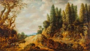 Baumreiche Landschaft Mit Wanderern, Maultier Und Ziegen
