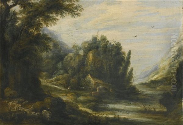 Landscape, With Livestock In The Foreground And Figures Approaching A Cottage Beyond - view 1