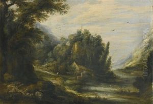 Landscape, With Livestock In The Foreground And Figures Approaching A Cottage Beyond by Gillis Egidius I Peeters