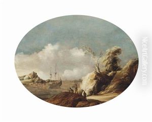 A Coastal Landscape With A Three-master At Anchor, Figures Conversing In The Foreground And A Town Beyond by Gillis Egidius I Peeters