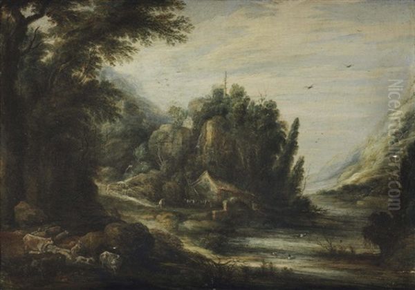 A Mountanous River Landscape With Cattle, A Farm House And Travellers Beyond - view 1
