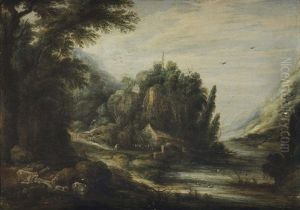 A Mountanous River Landscape With Cattle, A Farm House And Travellers Beyond by Gillis Egidius I Peeters