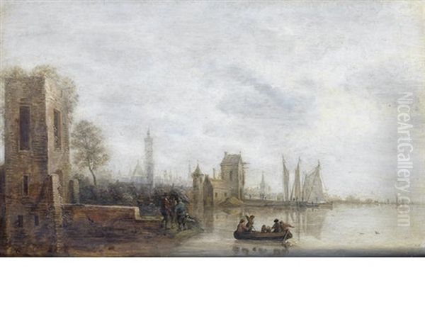 Figures In A Ferry Approaching A Harbour - view 1