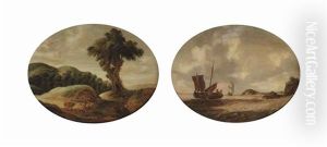 A Hilly Landscape With Travellers Resting On A Track; A Coastal Landscape With A Small Ship And A Man-o-war On Choppy Waters (pair) by Gillis Egidius I Peeters