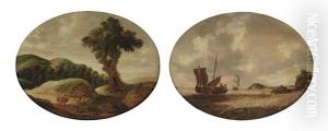 A Hilly Landscape With Travelers Resting On A Track (+ A Coastal Landscape With A Small Ship And A Man-o-war On Choppy Waters; Pair) by Gillis Egidius I Peeters