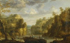 Mountain Landscape With A Waterfall And A Capriccio View Of The Forums And Temple Of Vesta At Tivoli