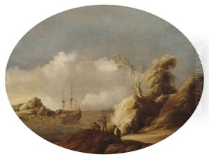 A Coastal Landscape With A Three-master At Anchor, Figures Conversing In The Foreground And A Town Beyond