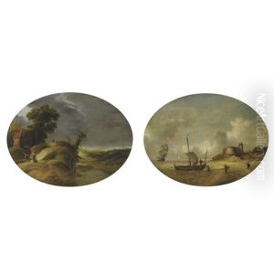 Dune Landscape With Travellers On A Path (+ Fishermen Unloading Their Catch On The Shore, Near A Stronghold, Shipping Beyond; Pair) by Gillis Egidius I Peeters