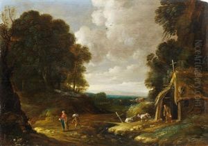 Bewaldete Landschaft Mit Einem Einsiedler Und Reisenden