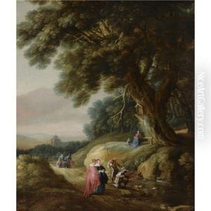 A Wooded Landscape With Elegant Travellers And Huntsmen On A Path, With A Woman And A Child Praying At A Shrine