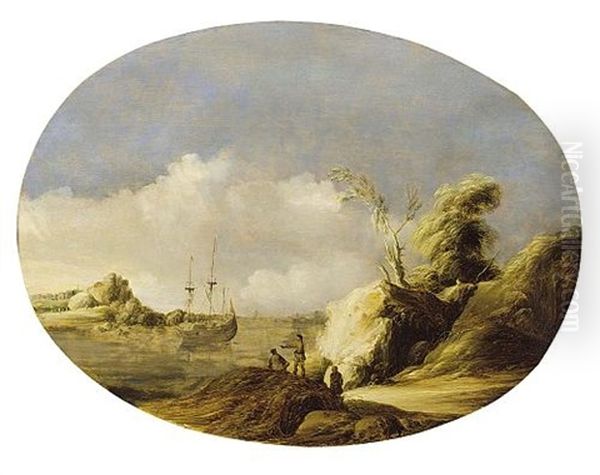 A Coastal Landscape With A Sailing Vessel At Anchor And Figures In The Foreground - view 1