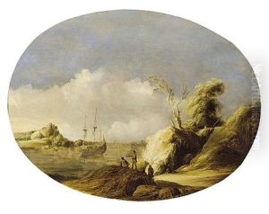 A Coastal Landscape With A Sailing Vessel At Anchor And Figures In The Foreground A Coastal Landscape With A Sailing Vessel At Anchor And Figures In The Foreground