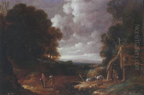 An Extensive Wooded Landscape With Travellers And A Hermit - view 1