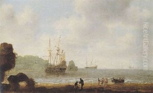 A Tropical Coastal Scene With A Rowing Boat Coming Ashore On A Beach, Other Shipping Vessels Beyond