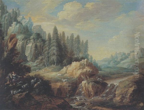 Bewaldete Gebirgslandschaft Mit Einem Sturzbach, Einem Hirtenpaar Und Ziegen - view 1