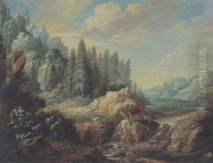 Bewaldete Gebirgslandschaft Mit Einem Sturzbach, Einem Hirtenpaar Und Ziegen