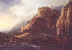 Travellers On A Footbridge Over A Torrent In A Mountainous Landscape