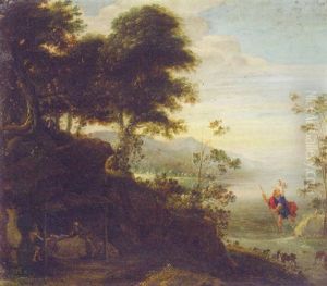 A Wooded Landscape With Saint Anthony Visiting Saint Paul The Hermit And Saint Christopher Carrying The Christ Child by Gillis Egidius I Peeters