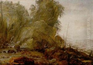 A Mountainous Landscape With A Hermit Reading Beside A River, A Hill Top Town Above
