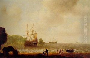 An African Beach Scene With Figures By A Small Fishing Boat, Other Ships Beyond by Gillis Egidius I Peeters