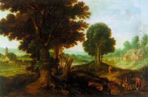 Wooded Landscape With A Farmer Driving His Horse And Cart, A Church Spire In The Distance by Gillis Egidius I Peeters