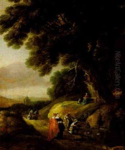 A Wooded Landscape With Hunters And Other Figures On A Path, With A Woman And Child Praying At A Shrine by Gillis Egidius I Peeters