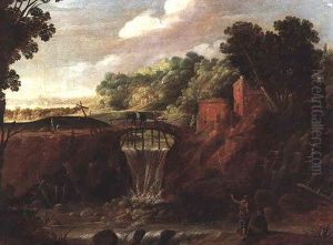 An Extensive Landscape With A Couple Resting On A Path Beside A Weir, A Wooden Bridge Spanning A Waterfall Beyond by Gillis Egidius I Peeters